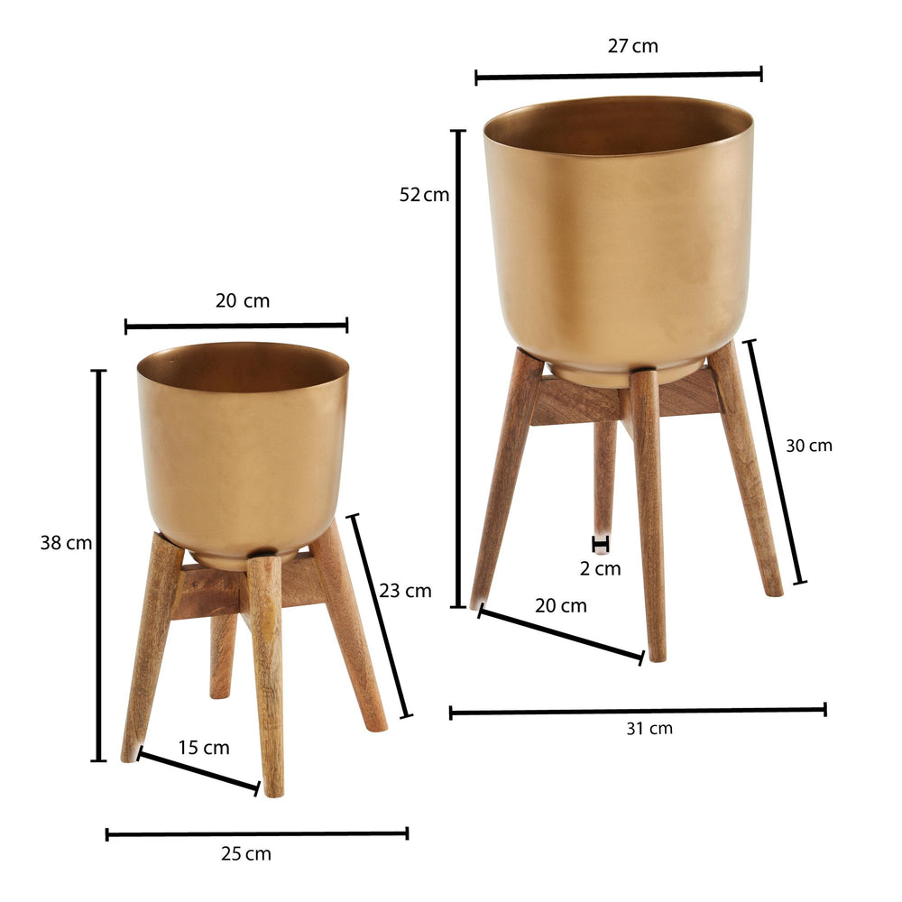 Alu-und-Holz Pflanzenkübel Set in Gold/Braun_ modern &amp; elegant_ für stilvolle Inneneinrichtung - KADIMA DESIGN_Größe_ 31x31x51 cm_