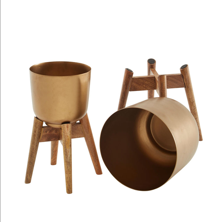 Alu-und-Holz Pflanzenkübel Set in Gold/Braun_ modern &amp;amp; elegant_ für stilvolle Inneneinrichtung - KADIMA DESIGN_Größe_ 31x31x51 cm_