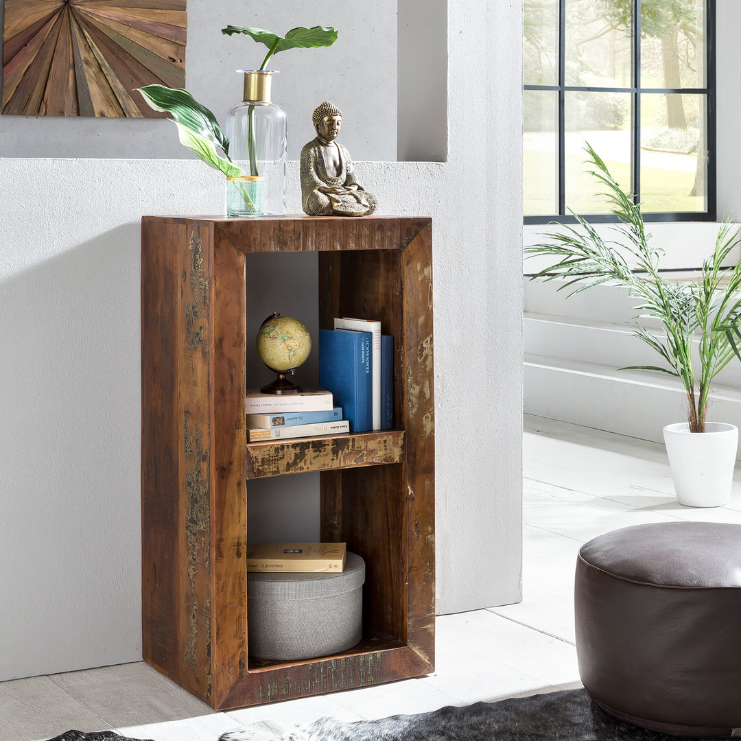 Holzregal EWA_ Rustikales Standregal_ Cube-Form_ Vintage-Shabby-Look_ 2 Innenräume_ recyceltes Mango-Massivholz - KADIMA DESIGN_Farbe_ Braun_ Größe_ 45x35x90 cm_