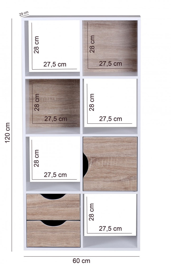 Großes Bücherregal in Sonoma Eiche und Weiß_ modernes Design_ 8 Fächer für Stauraum_ multifunktional als Raumteiler nutzbar - KADIMA DESIGN_Größe_ 60x29x120 cm_