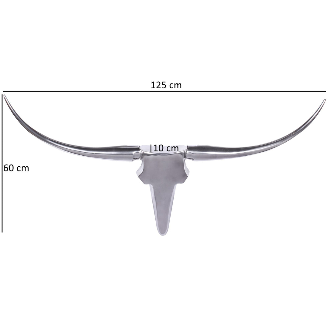 Bull Geweih L Wanddekoration_ stilvoll aus Aluminium_ 125 cm_ handgefertigt_ modernes Design_ für ein elegantes Zuhause - KADIMA DESIGN_Farbe_ Silber_ Größe_ 125x10x60 cm_