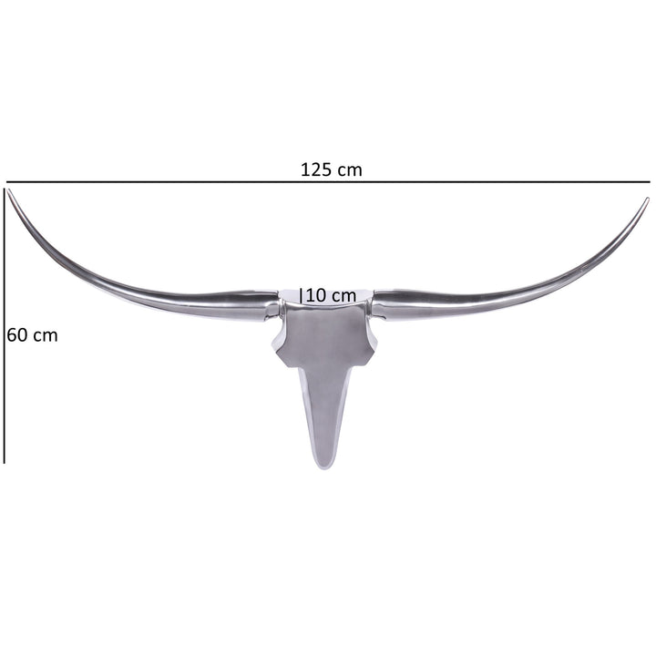 Bull Geweih L Wanddekoration_ stilvoll aus Aluminium_ 125 cm_ handgefertigt_ modernes Design_ für ein elegantes Zuhause - KADIMA DESIGN_Farbe_ Silber_ Größe_ 125x10x60 cm_