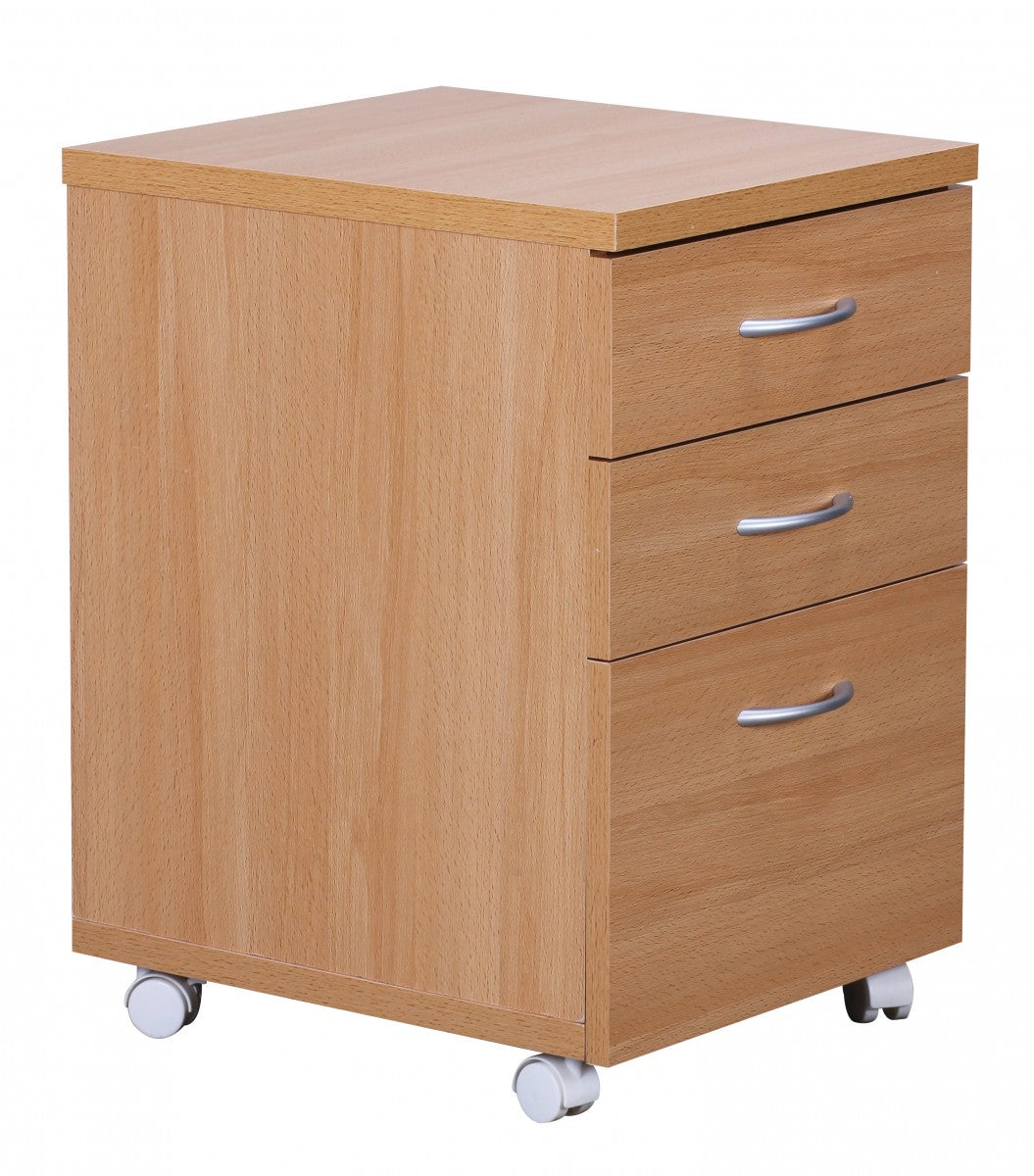 Moderner Büro Rollcontainer in Buche  60 cm  mit 3 Schubladen  elegante Aluminiumgriffe  praktische Rollen für leichte Beweglichkeit - KADIMA DESIGN Größe  45x40x60 cm