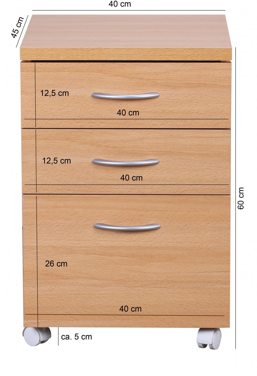 Maßzeichnung Rollcontainer – Buche, 60 cm hoch, 3 Schubladen, Aluminiumgriffe, Rollen