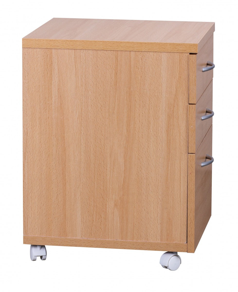 Moderner Büro Rollcontainer in Buche  60 cm  mit 3 Schubladen  elegante Aluminiumgriffe  praktische Rollen für leichte Beweglichkeit - KADIMA DESIGN Größe  45x40x60 cm