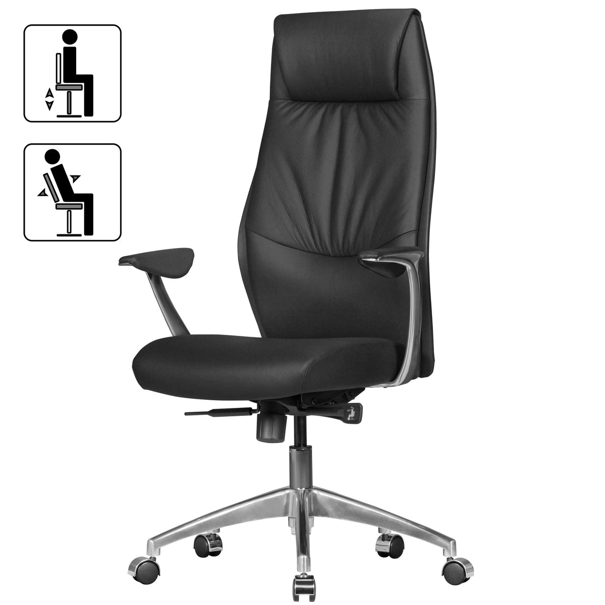 Chefsessel TEMZA Echtleder_ Aluminium_ 3-Stufen Synchronmechanik_ bis 120 kg_ 8 Stunden - KADIMA DESIGN_Farbe_ Schwarz_ Größe_ 67x58x125 cm_