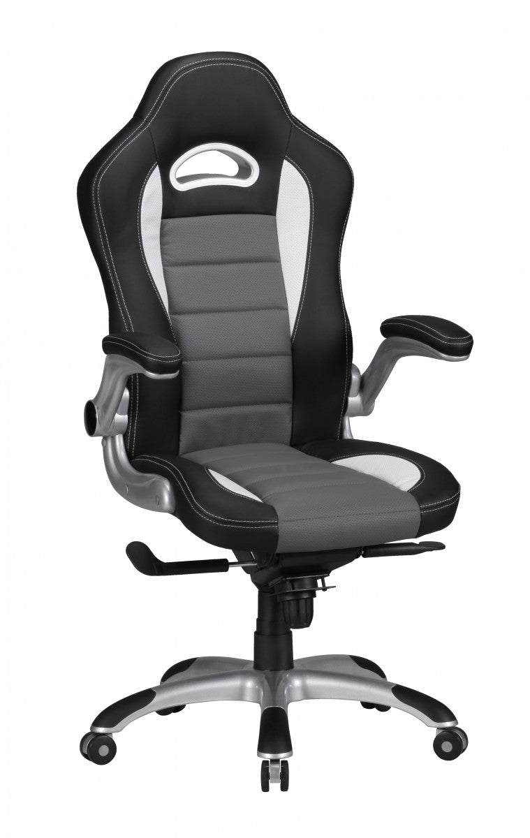 Chefsessel BISATZIO_ ergonomisch_ Kopfstütze_ klappbare Armlehnen_ bis 120 kg_ Schwarz/Grau - KADIMA DESIGN_Farbe_ Schwarz_ Größe_ 65x55x126 cm_