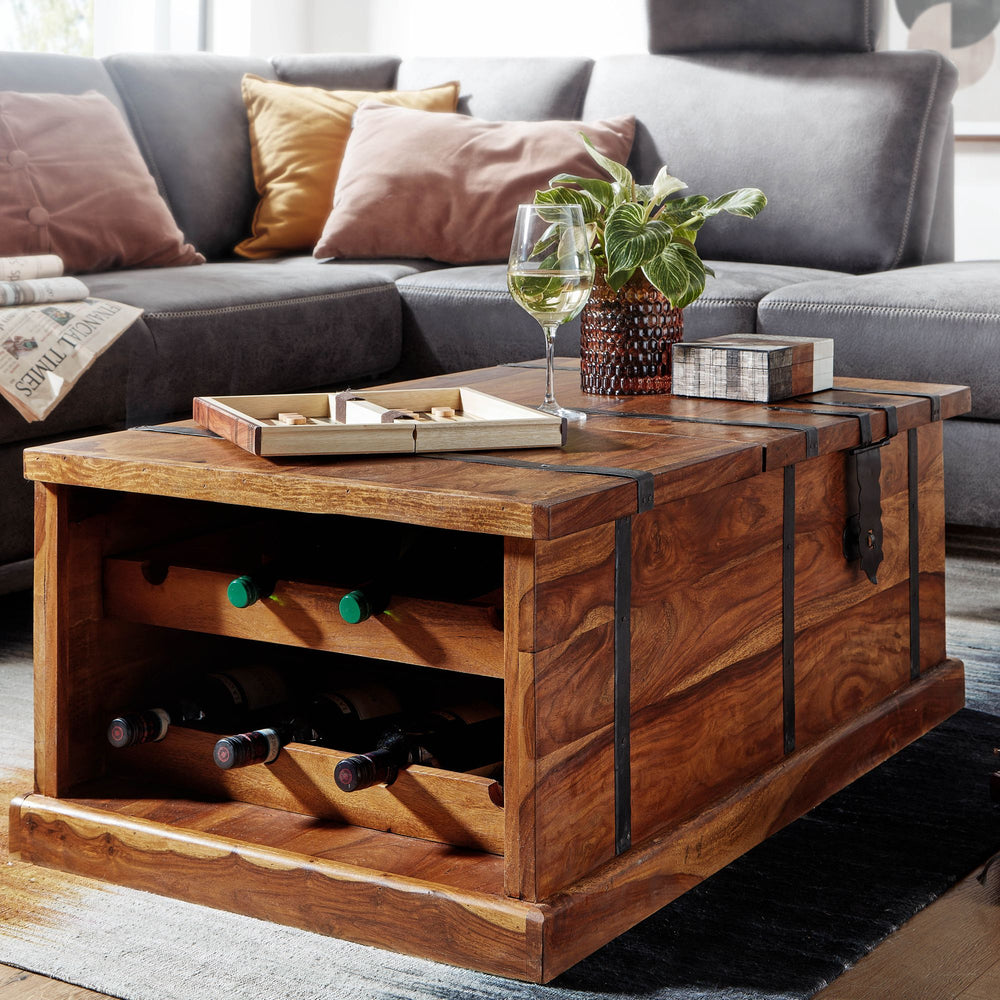 Handgefertigter Sheesham Massivholz Couchtisch mit Weinregal_ 100x60x40 cm - KADIMA DESIGN_Größe_ 100x60x40 cm_