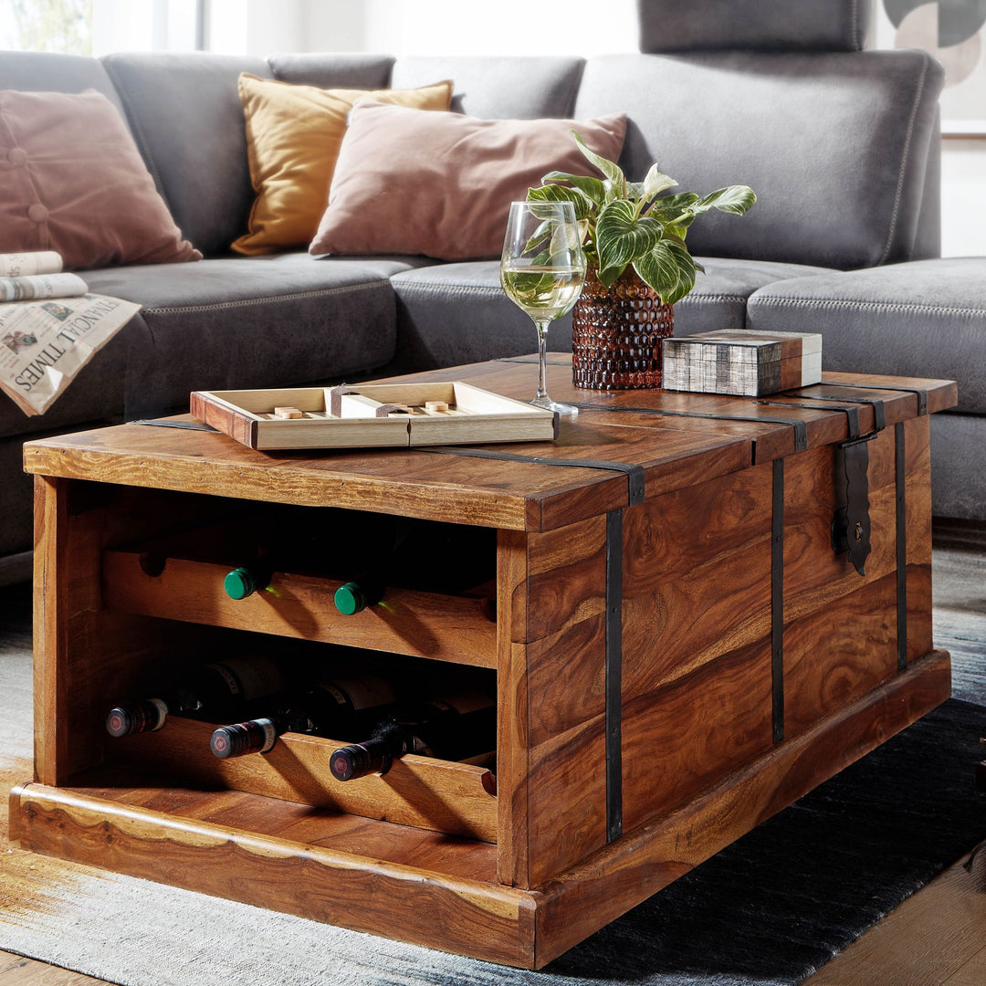 Handgefertigter Sheesham Massivholz Couchtisch mit Weinregal_ 100x60x40 cm - KADIMA DESIGN_Größe_ 100x60x40 cm_
