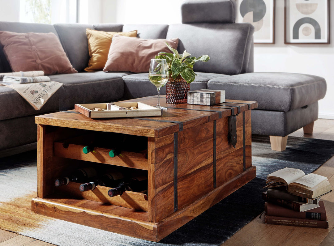Handgefertigter Sheesham Massivholz Couchtisch mit Weinregal_ 100x60x40 cm - KADIMA DESIGN_Größe_ 100x60x40 cm_