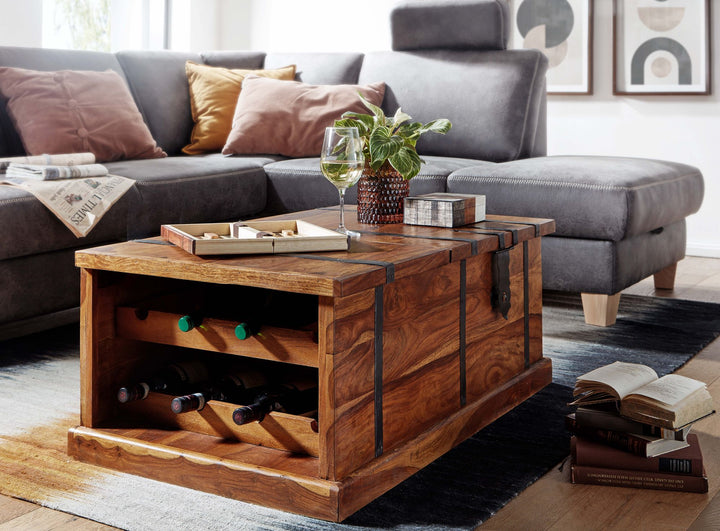 Handgefertigter Sheesham Massivholz Couchtisch mit Weinregal_ 100x60x40 cm - KADIMA DESIGN_Größe_ 100x60x40 cm_