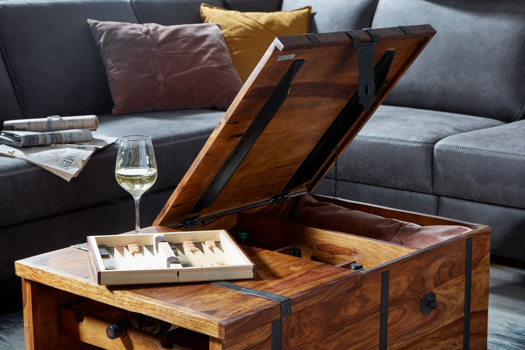Handgefertigter Sheesham Massivholz Couchtisch mit Weinregal_ 100x60x40 cm - KADIMA DESIGN_Größe_ 100x60x40 cm_