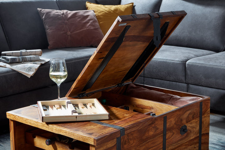 Handgefertigter Sheesham Massivholz Couchtisch mit Weinregal_ 100x60x40 cm - KADIMA DESIGN_Größe_ 100x60x40 cm_