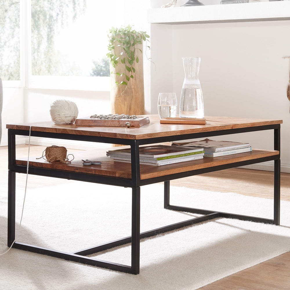 Vintage Industrial Couchtisch aus Akazieholz und Eisen_ 2 Ablagen_ 15 kg Belastbarkeit - KADIMA DESIGN_Größe_ 100x60x45 cm_