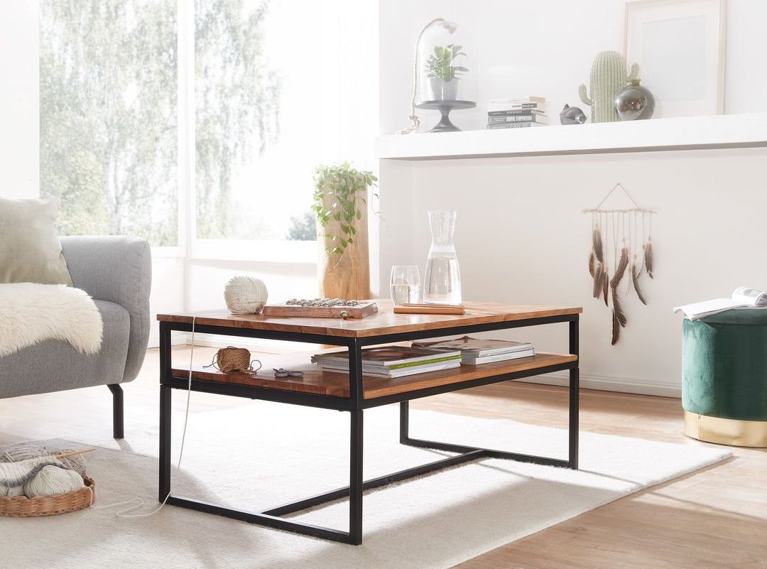 Vintage Industrial Couchtisch aus Akazieholz und Eisen_ 2 Ablagen_ 15 kg Belastbarkeit - KADIMA DESIGN_Größe_ 100x60x45 cm_