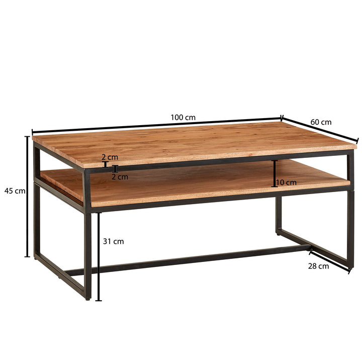 Vintage Industrial Couchtisch aus Akazieholz und Eisen_ 2 Ablagen_ 15 kg Belastbarkeit - KADIMA DESIGN_Größe_ 100x60x45 cm_