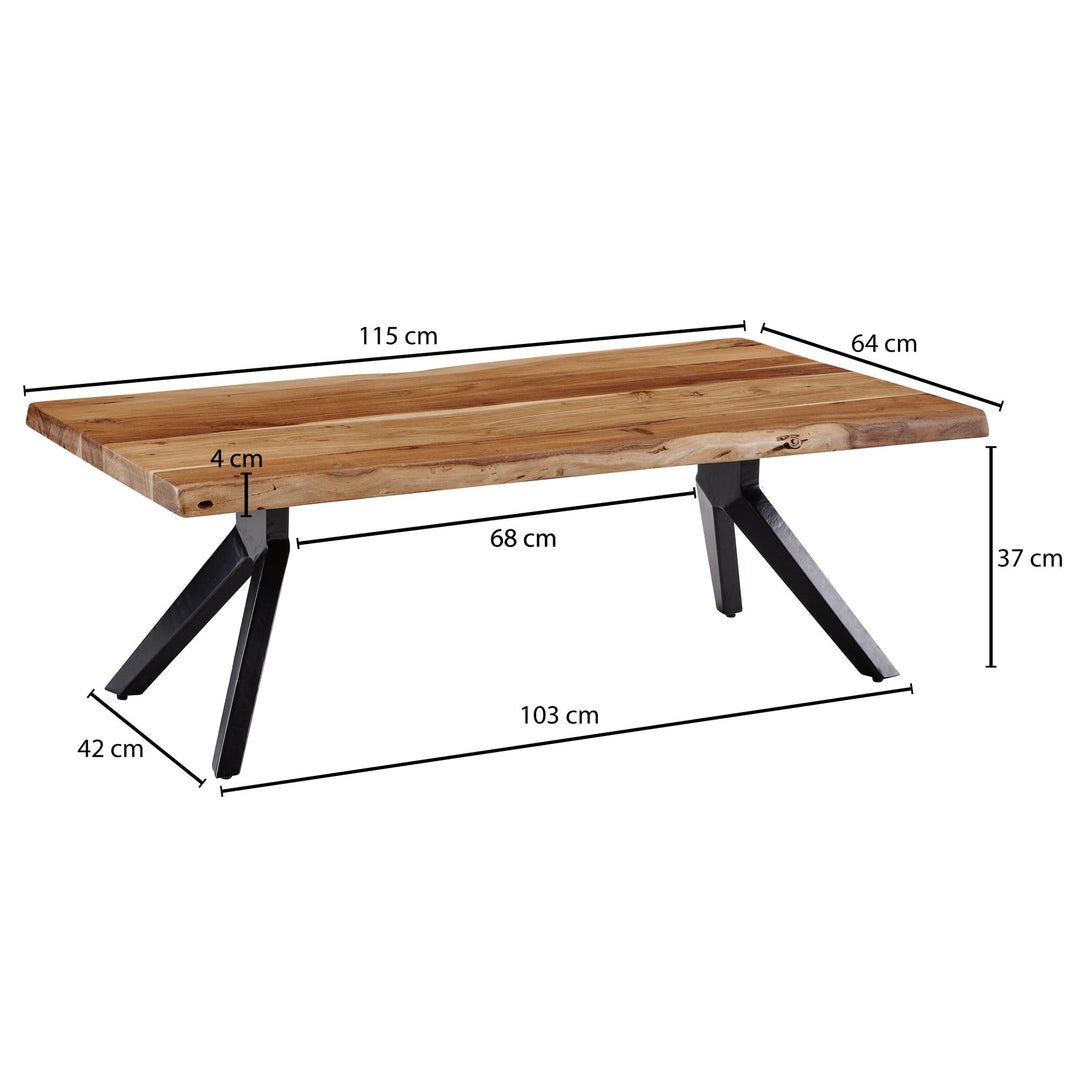 Couchtisch mit Baumkanten_ Massivholz Akazie und pulverbeschichteter Edelstahl_ Robustes Unikat - KADIMA DESIGN_Größe_ 115x64x37 cm_