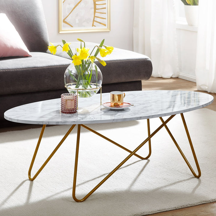 Marmor-Optik Couchtisch_ Goldfarbenes Gestell_ Oval_ 120x40x60 cm - KADIMA DESIGN_Größe_ 120x60x40 cm_