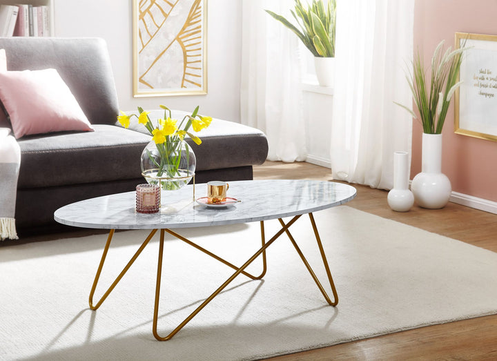 Marmor-Optik Couchtisch_ Goldfarbenes Gestell_ Oval_ 120x40x60 cm - KADIMA DESIGN_Größe_ 120x60x40 cm_