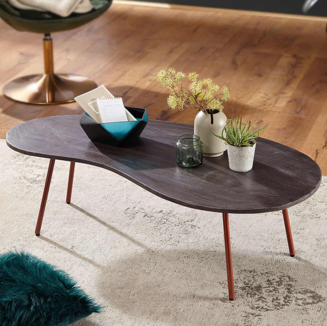 Retro-Couchtisch CALABRIA_ Massivholz_ Metallbeine_ Pflegeleichte Tischplatte_ Nierenform - KADIMA DESIGN_Farbe_ Beige_ Größe_ 122x63x36 cm_