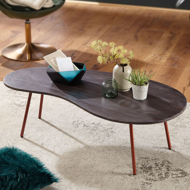 Retro-Couchtisch CALABRIA_ Massivholz_ Metallbeine_ Pflegeleichte Tischplatte_ Nierenform - KADIMA DESIGN_Farbe_ Beige_ Größe_ 122x63x36 cm_