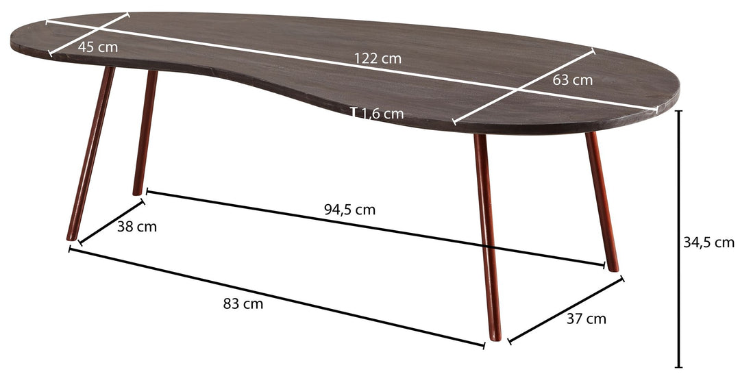 Retro-Couchtisch CALABRIA_ Massivholz_ Metallbeine_ Pflegeleichte Tischplatte_ Nierenform - KADIMA DESIGN_Farbe_ Beige_ Größe_ 122x63x36 cm_
