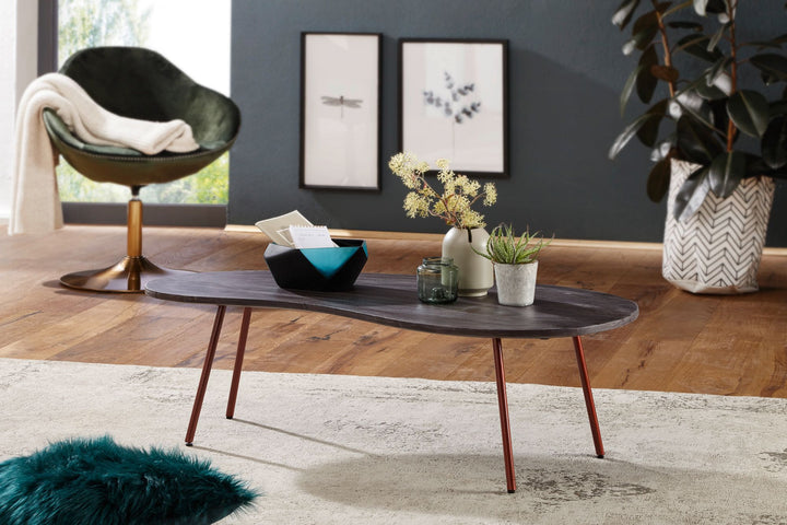 Retro-Couchtisch CALABRIA_ Massivholz_ Metallbeine_ Pflegeleichte Tischplatte_ Nierenform - KADIMA DESIGN_Farbe_ Beige_ Größe_ 122x63x36 cm_
