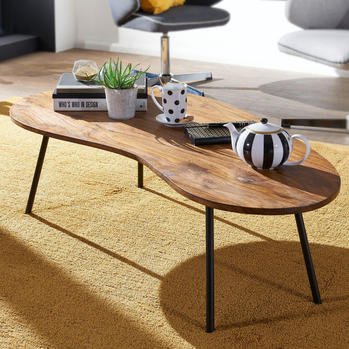 Retro-Couchtisch CALABRIA_ Massivholz_ Metallbeine_ Pflegeleichte Tischplatte_ Nierenform - KADIMA DESIGN_Farbe_ Braun_ Größe_ 122x63x36 cm_