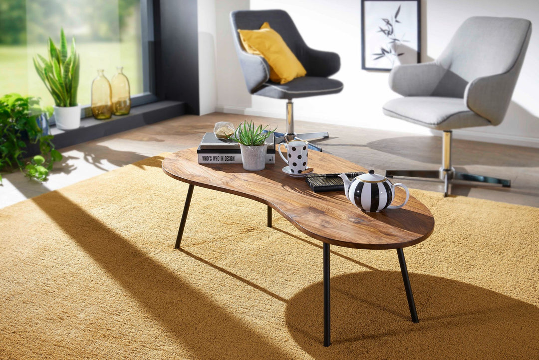 Retro-Couchtisch CALABRIA_ Massivholz_ Metallbeine_ Pflegeleichte Tischplatte_ Nierenform - KADIMA DESIGN_Farbe_ Braun_ Größe_ 122x63x36 cm_