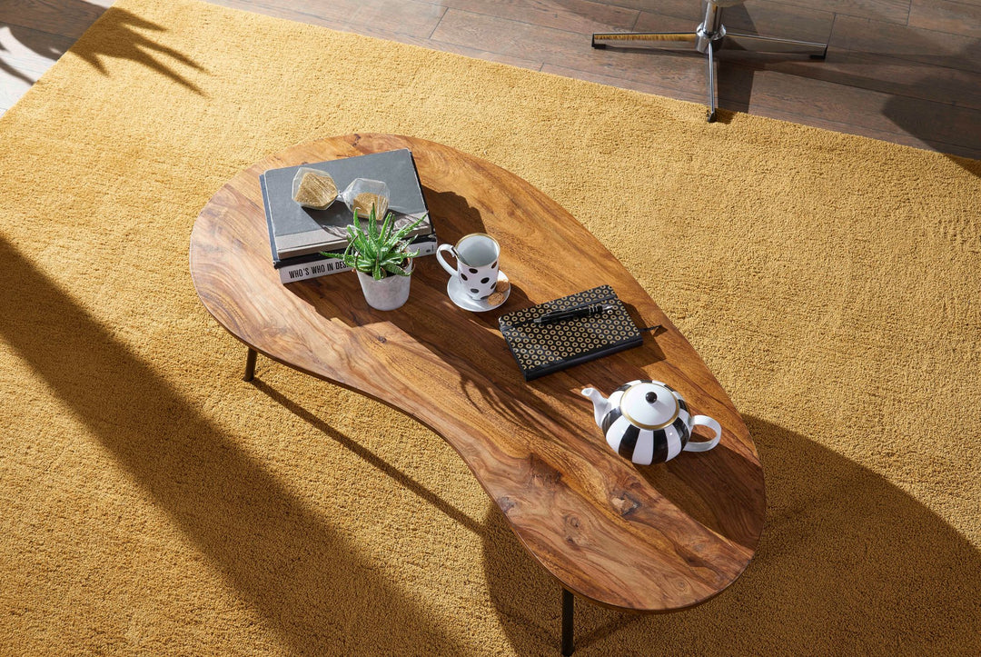 Retro-Couchtisch CALABRIA_ Massivholz_ Metallbeine_ Pflegeleichte Tischplatte_ Nierenform - KADIMA DESIGN_Farbe_ Braun_ Größe_ 122x63x36 cm_