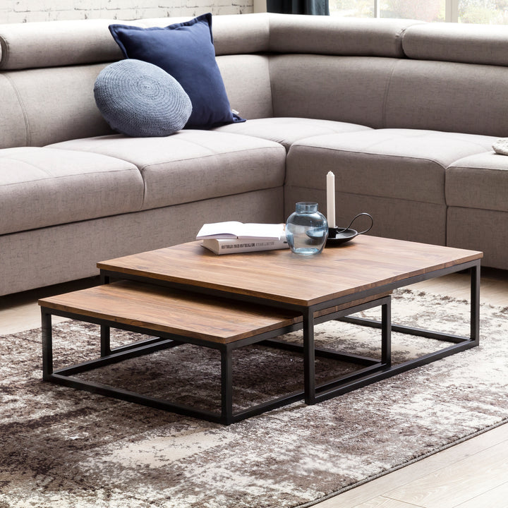 Couchtisch Set Industrial-Stil - Holzplatte_ Metallgestell_ 2 Größen_ Sheeshamfarben_ KADIMA DESIGN_Größe_ 75x75x27 cm_