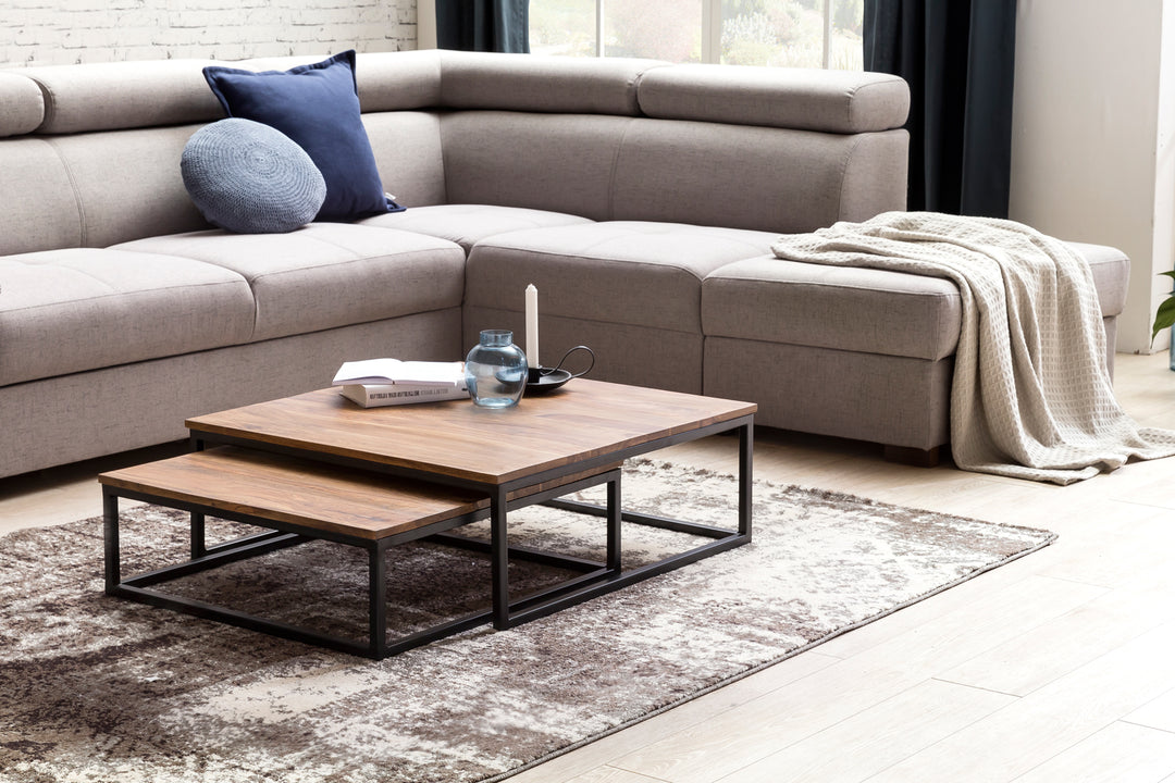 Couchtisch Set Industrial-Stil - Holzplatte_ Metallgestell_ 2 Größen_ Sheeshamfarben_ KADIMA DESIGN_Größe_ 75x75x27 cm_