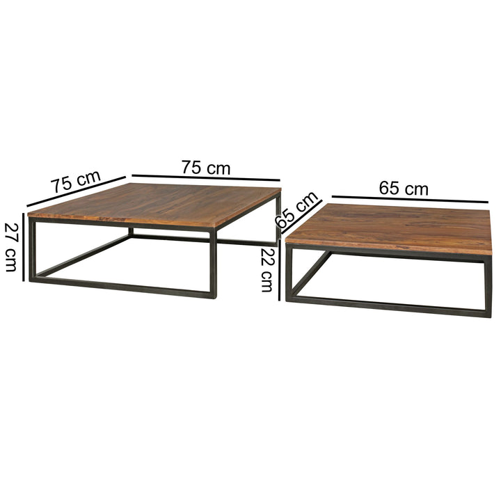 Couchtisch Set Industrial-Stil - Holzplatte_ Metallgestell_ 2 Größen_ Sheeshamfarben_ KADIMA DESIGN_Größe_ 75x75x27 cm_