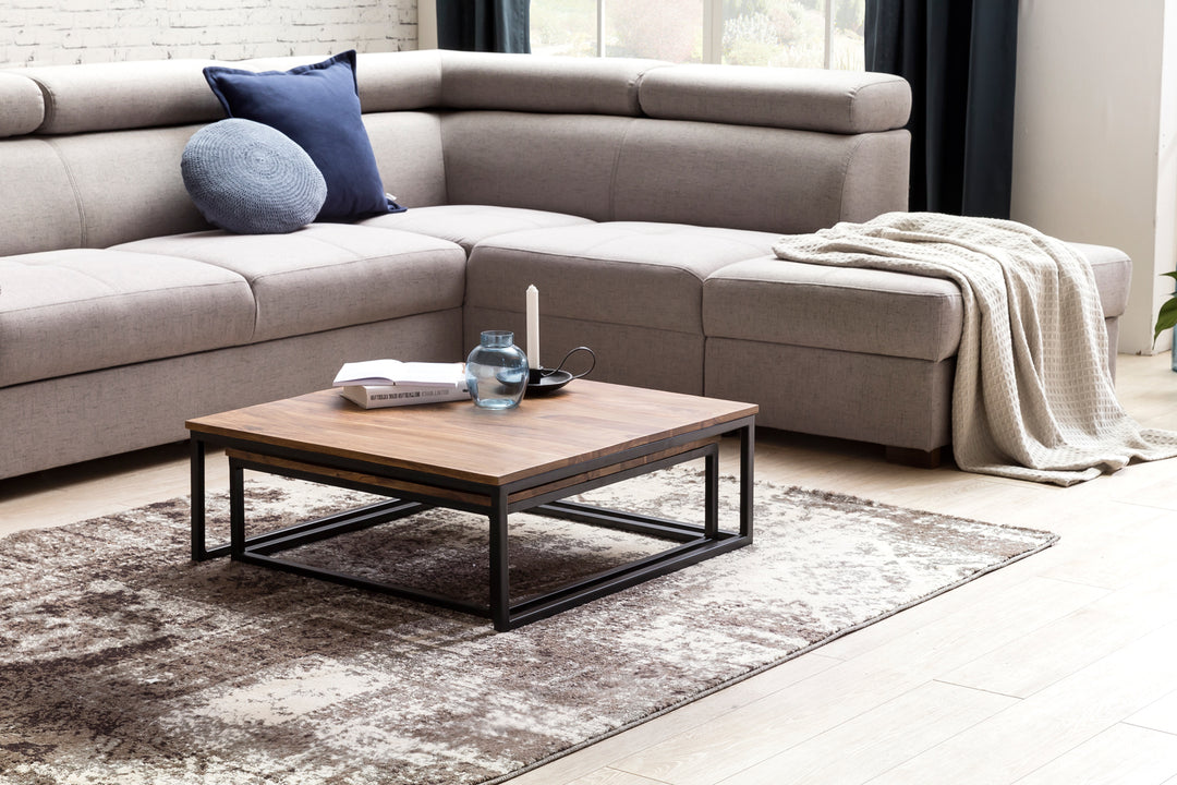 Couchtisch Set Industrial-Stil - Holzplatte_ Metallgestell_ 2 Größen_ Sheeshamfarben_ KADIMA DESIGN_Größe_ 75x75x27 cm_