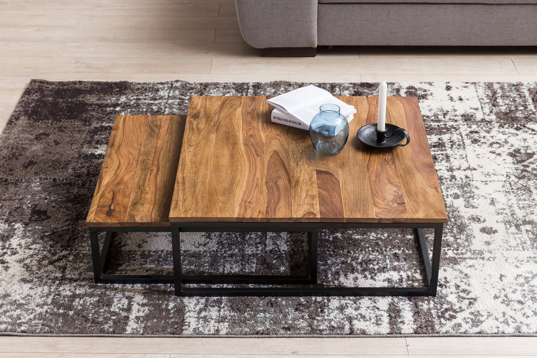 Couchtisch Set Industrial-Stil - Holzplatte_ Metallgestell_ 2 Größen_ Sheeshamfarben_ KADIMA DESIGN_Größe_ 75x75x27 cm_