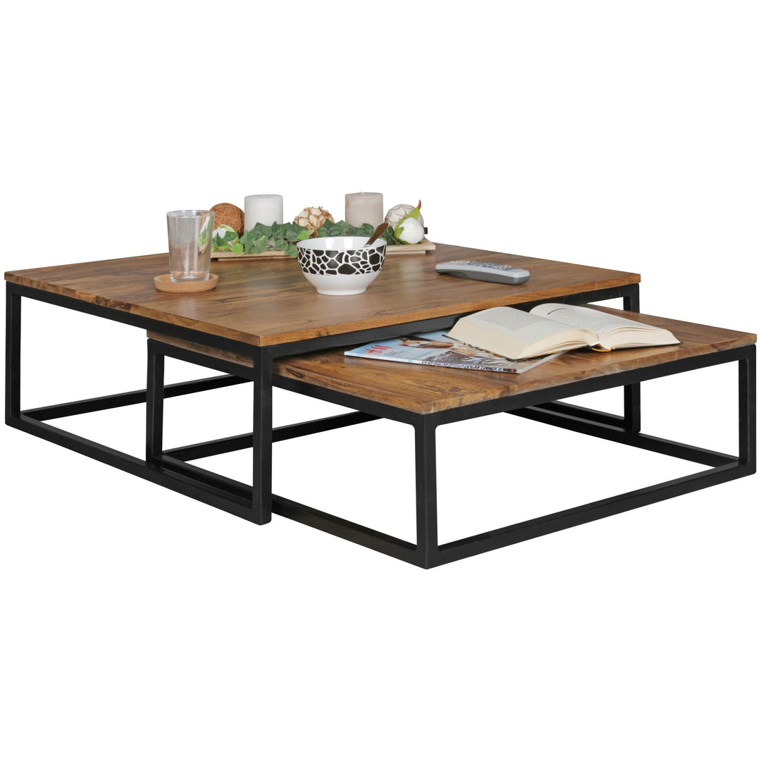 Couchtisch Set Industrial-Stil - Holzplatte_ Metallgestell_ 2 Größen_ Sheeshamfarben_ KADIMA DESIGN_Größe_ 75x75x27 cm_