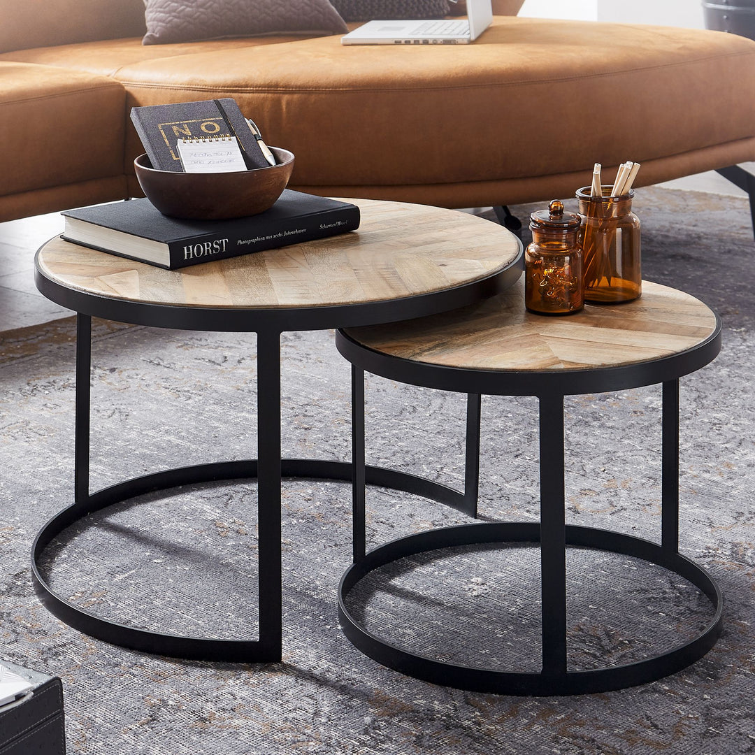 Couchtisch-Set ESINO_ Industrie-Stil_ 2 Größen_ massives Holz und Metall_ platzsparend_ handgefertigt - KADIMA DESIGN_Farbe_ Beige_ Größe_ 60x60x40 cm_
