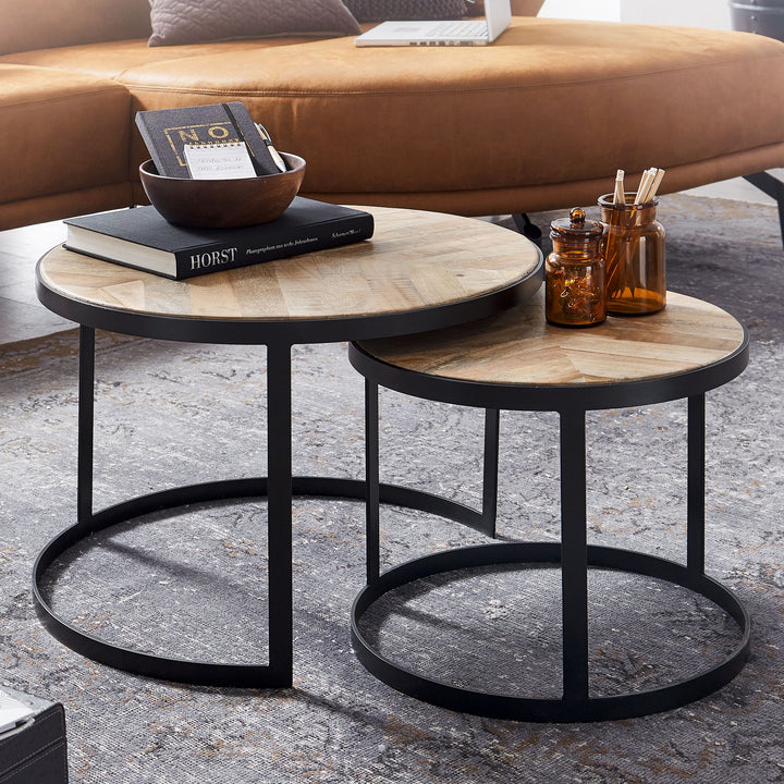 Couchtisch-Set ESINO_ Industrie-Stil_ 2 Größen_ massives Holz und Metall_ platzsparend_ handgefertigt - KADIMA DESIGN_Farbe_ Beige_ Größe_ 60x60x40 cm_
