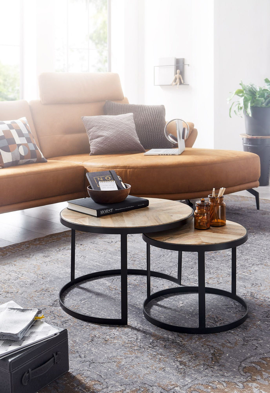 Couchtisch-Set ESINO_ Industrie-Stil_ 2 Größen_ massives Holz und Metall_ platzsparend_ handgefertigt - KADIMA DESIGN_Farbe_ Beige_ Größe_ 60x60x40 cm_