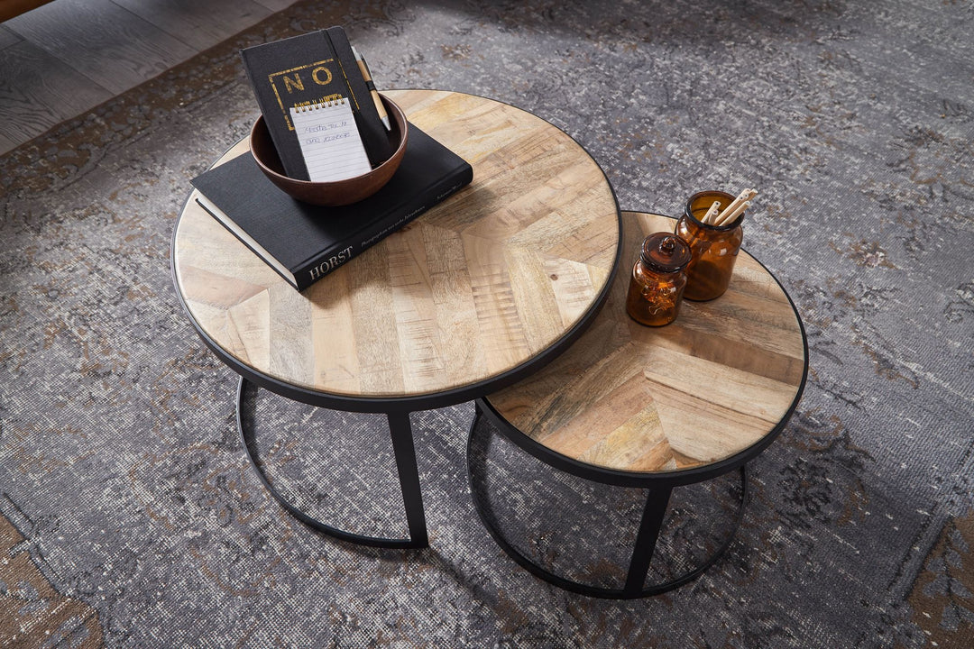 Couchtisch-Set ESINO_ Industrie-Stil_ 2 Größen_ massives Holz und Metall_ platzsparend_ handgefertigt - KADIMA DESIGN_Farbe_ Beige_ Größe_ 60x60x40 cm_