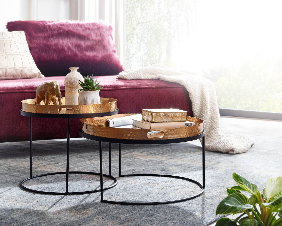 Modernes Hammerschlag-Couchtisch Set in Gold/Schwarz_ Stabile Aluminiumkonstruktion_ 2er Pack - KADIMA DESIGN_Farbe_ Gold_ Größe_ 56x56x33 cm_