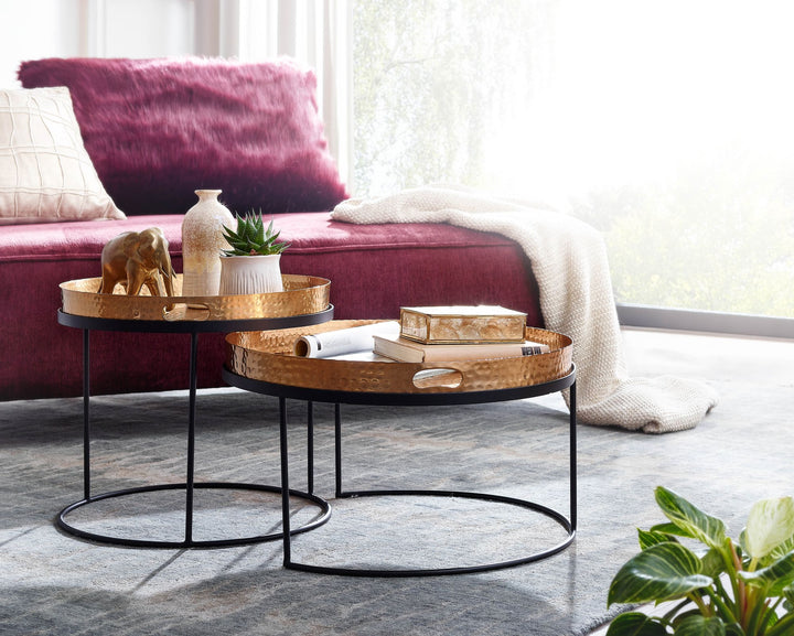 Modernes Hammerschlag-Couchtisch Set in Gold/Schwarz_ Stabile Aluminiumkonstruktion_ 2er Pack - KADIMA DESIGN_Farbe_ Gold_ Größe_ 56x56x33 cm_