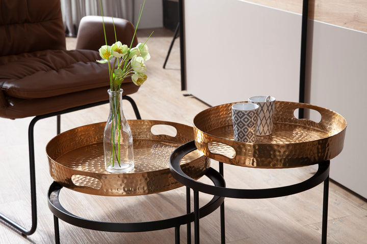 Modernes Hammerschlag-Couchtisch Set in Gold/Schwarz_ Stabile Aluminiumkonstruktion_ 2er Pack - KADIMA DESIGN_Farbe_ Gold_ Größe_ 56x56x33 cm_