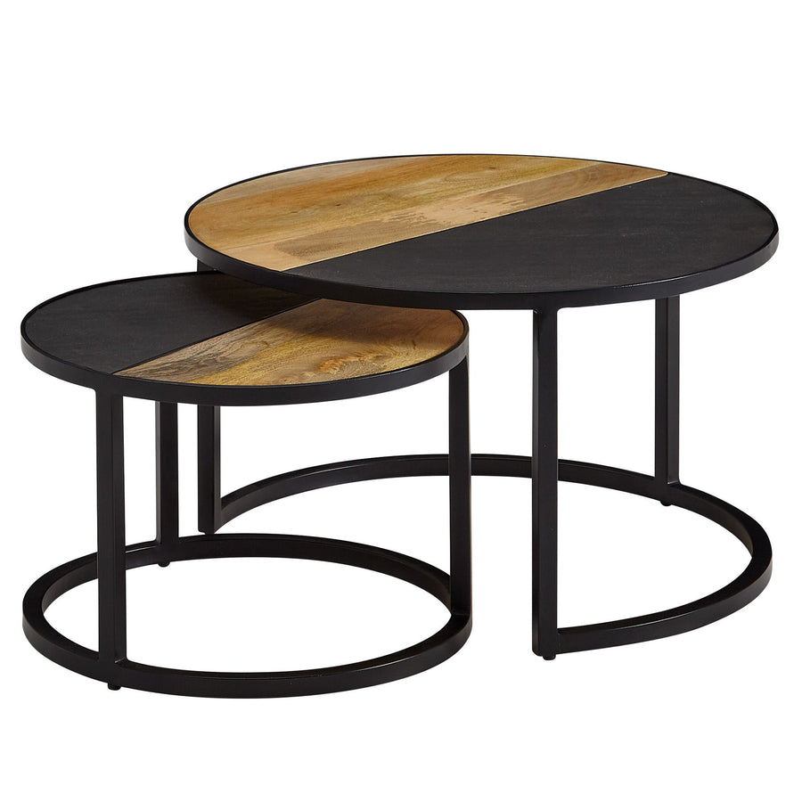 Runde Couchtische_ 2er Set_ Mango Massivholz/Steinoptik_ Modernes Design - KADIMA DESIGN_Größe_ 60x60x36 cm_