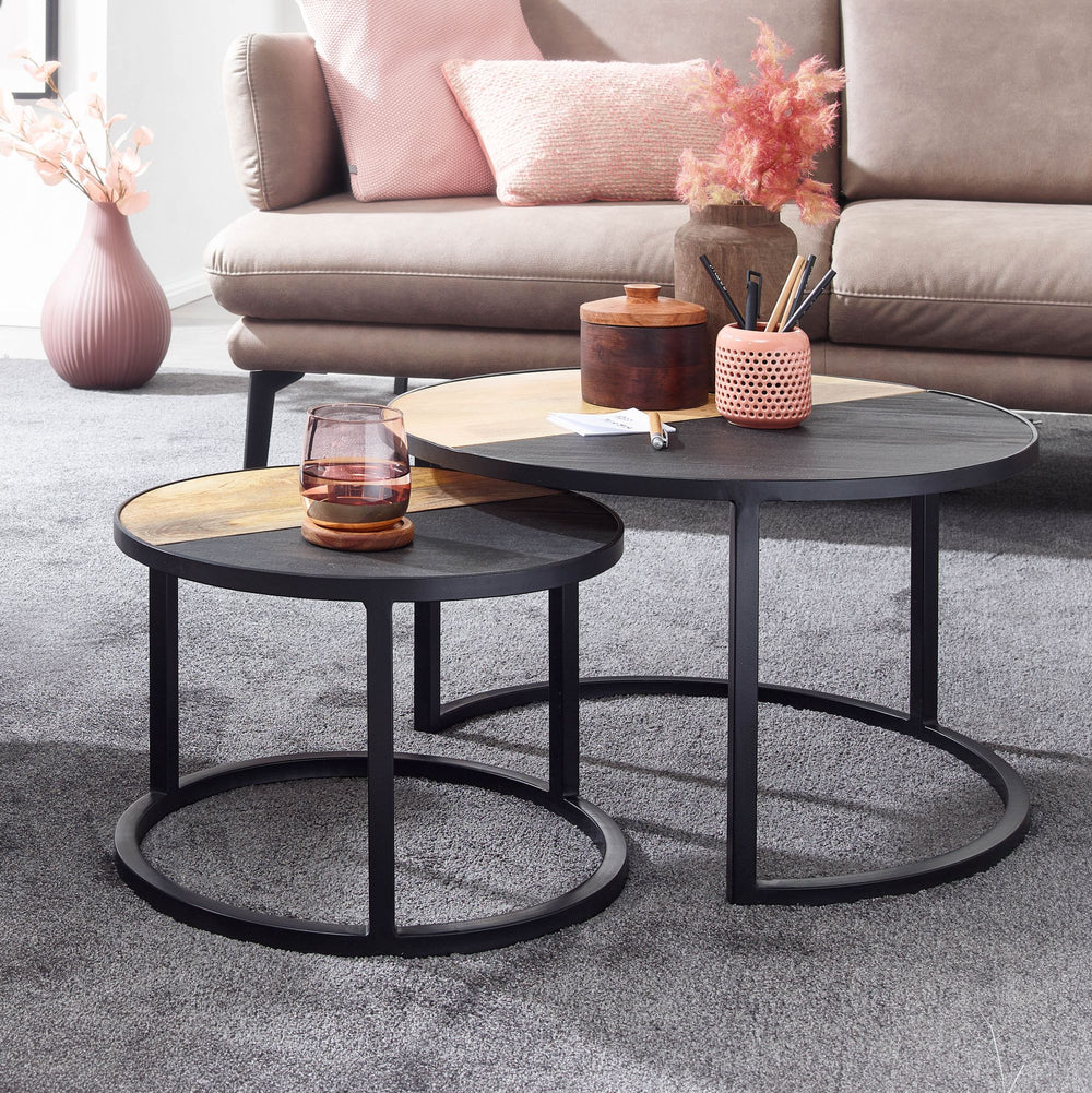 Runde Couchtische_ 2er Set_ Mango Massivholz/Steinoptik_ Modernes Design - KADIMA DESIGN_Größe_ 60x60x36 cm_