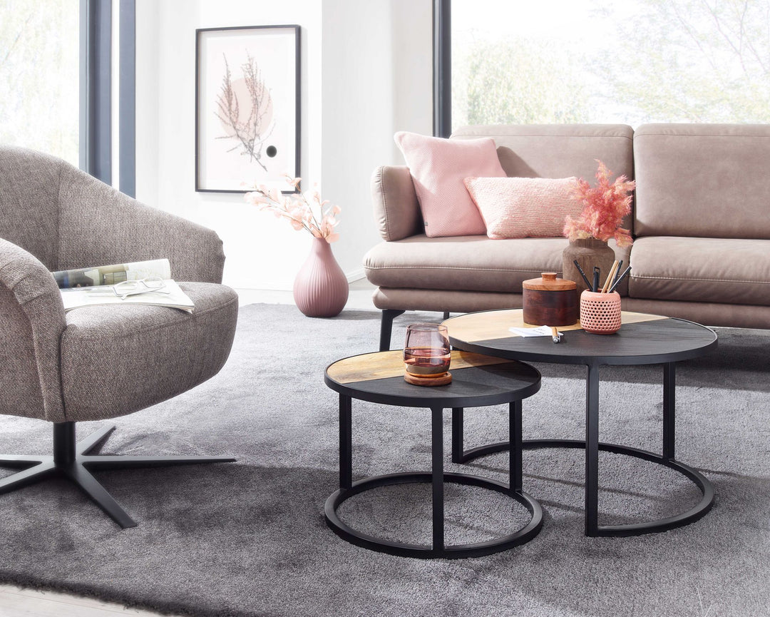 Runde Couchtische_ 2er Set_ Mango Massivholz/Steinoptik_ Modernes Design - KADIMA DESIGN_Größe_ 60x60x36 cm_