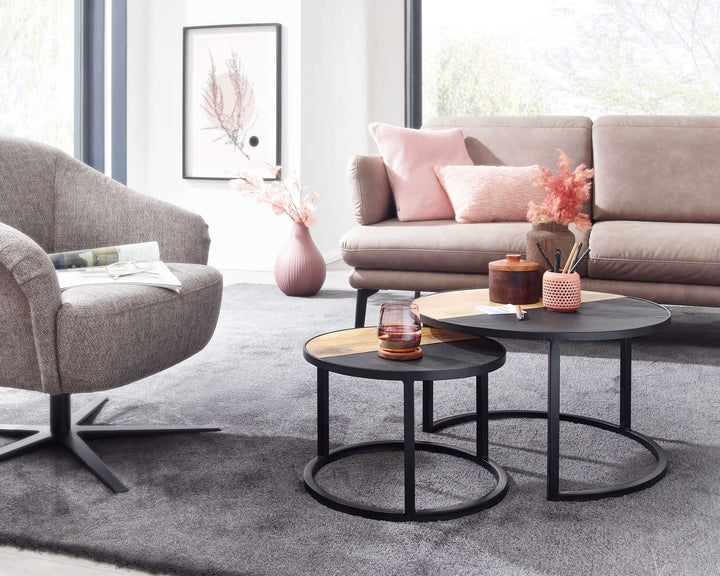 Runde Couchtische_ 2er Set_ Mango Massivholz/Steinoptik_ Modernes Design - KADIMA DESIGN_Größe_ 60x60x36 cm_