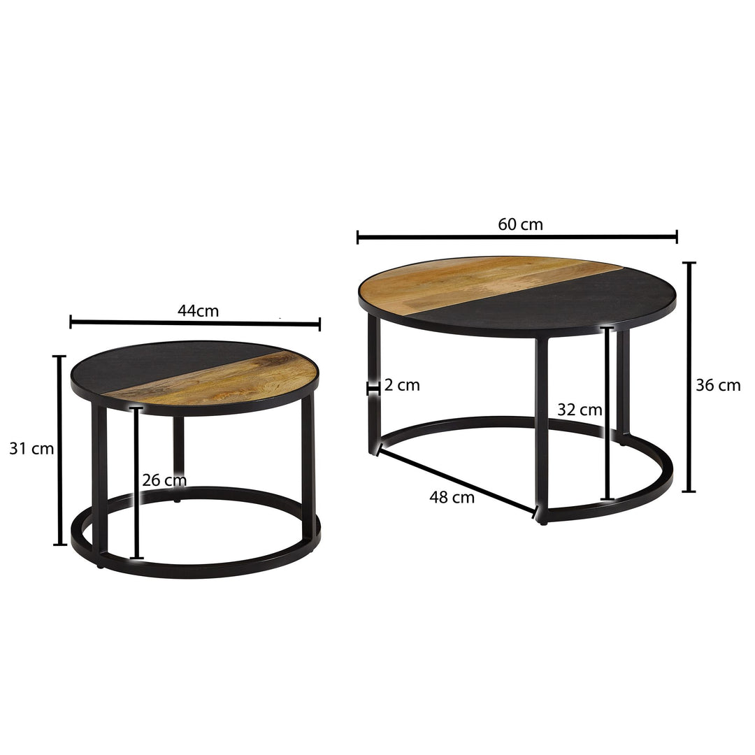 Runde Couchtische_ 2er Set_ Mango Massivholz/Steinoptik_ Modernes Design - KADIMA DESIGN_Größe_ 60x60x36 cm_