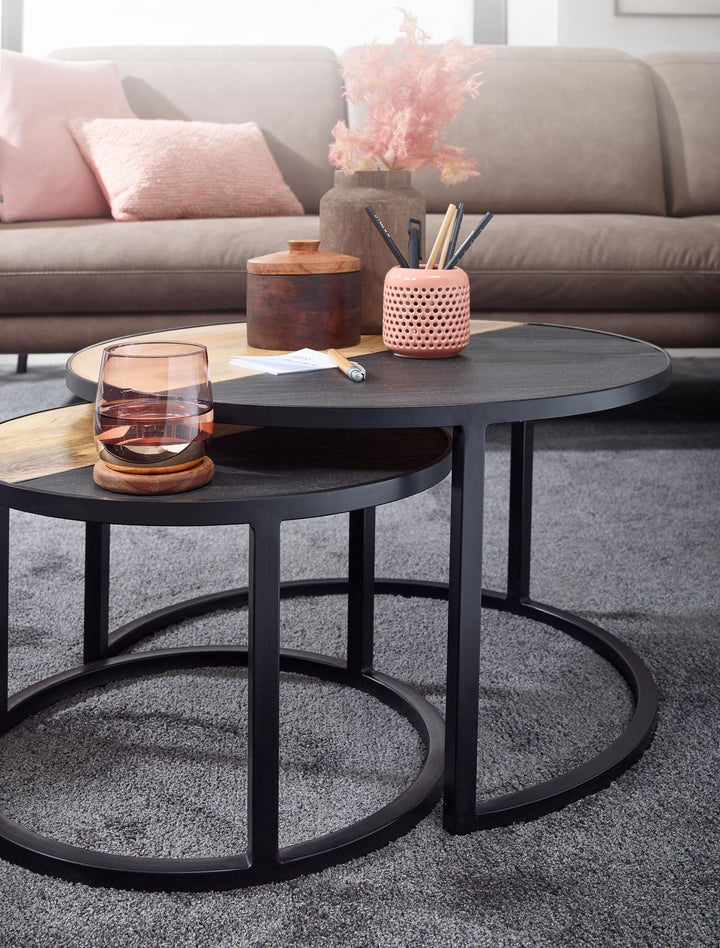 Runde Couchtische_ 2er Set_ Mango Massivholz/Steinoptik_ Modernes Design - KADIMA DESIGN_Größe_ 60x60x36 cm_