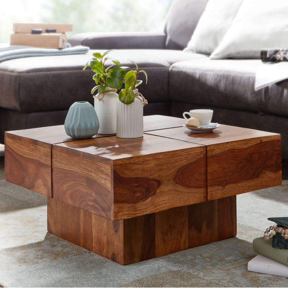 Couchtisch Sheesham Massivholz Quadrat_ Modernes Rillenmuster_ 57_5x57_5x30 cm - KADIMA DESIGN_Größe_ 58x58x30 cm_
